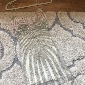 Musani Couture One of a Kind Silver and Pink Beaded Mini Dress